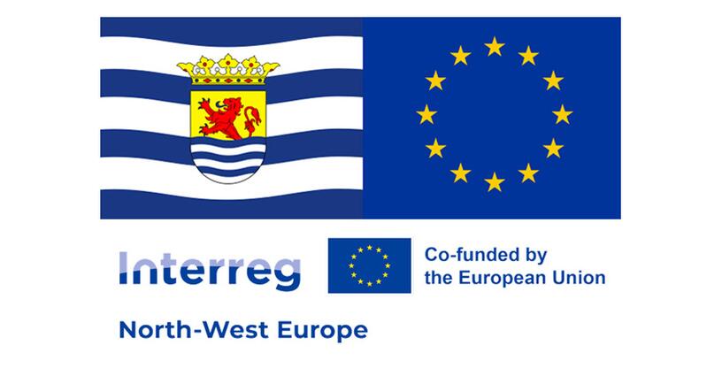 Zeeuwse vlag, Europese vlag en logo van Interreg Noordwest Europa